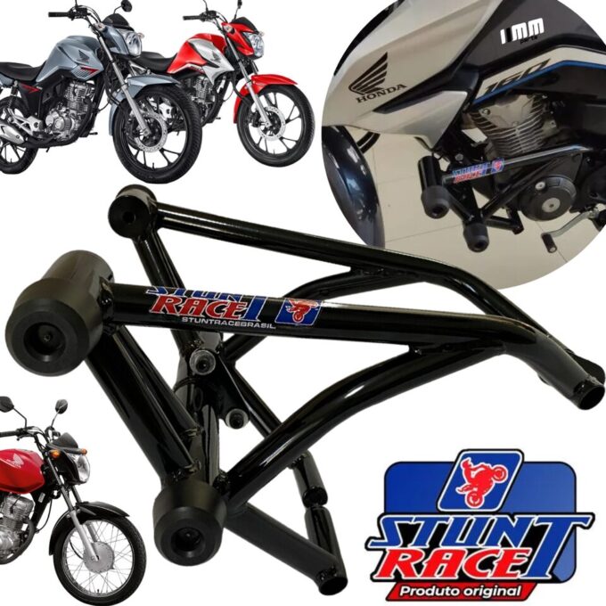 Protetor de motor Street Cage Stunt Race em aço preto com ponteiras de nylon, exibido ao lado de duas motocicletas Honda CG 160 (Titan prata e Start preta) para demonstração de compatibilidade.