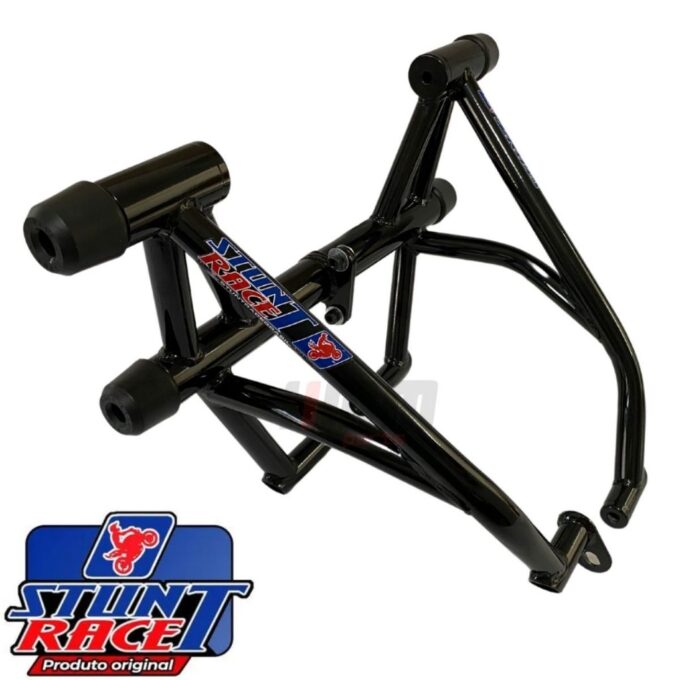 Estrutura tubular de proteção para moto CG 160 modelo Stunt Race, cor preto brilho, com ponteiras protetoras e pontos de fixação originais para instalação sem furos.