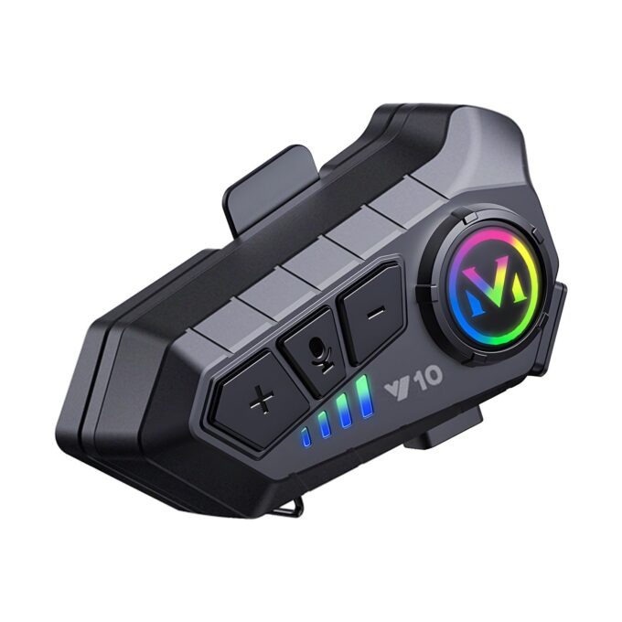 Intercomunicador Y10 Bluetooth 5.3 para capacete com design aerodinâmico e luzes RGB.